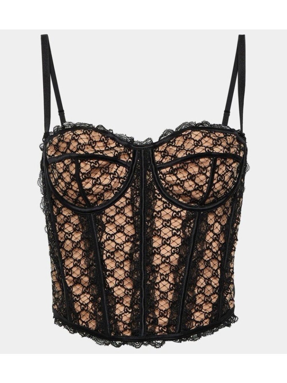 NWT Gucci GG Net Corset Black Nude Lace Logo Bustier Lace Shirt Top Sz L